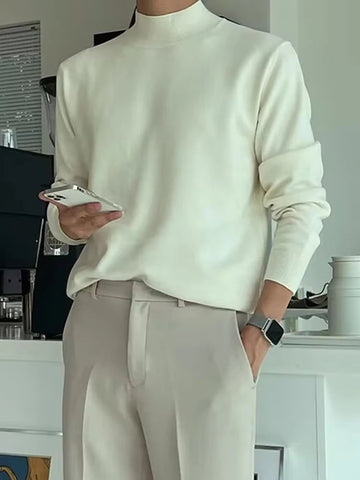 AIDASE  -  Spring Casual Long Sleeve Knit Jumper Tops Men Fashion Solid Color Basic Tees Autumn Vintage Mock Neck Men's Slim Fit Sweaters aidase-shop